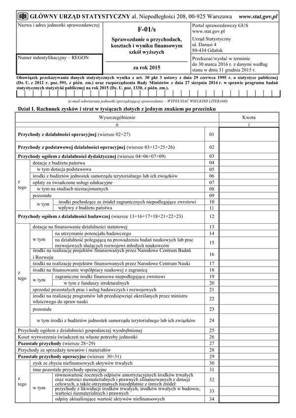 GUS F-01/s (2015) (archiwalny) Sprawozdanie o przychodach, kosztach i wyniku finansowym szkół wyższych za rok 2015