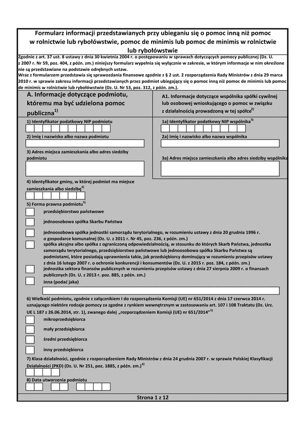 PFRON INF-O-PP Formularz informacji przedstawianych przy ubieganiu się o pomoc inną niż pomoc w rolnictwie lub rybołówstwie, pomoc de minimis lub pomoc de minimis w rolnictwie lub rybołówstwie 