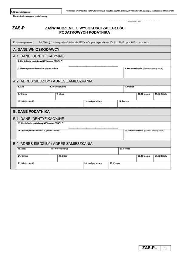 ZAS-P (3) (archiwalny) Zaświadczenie o wysokości zaległości podatkowych podatnika
