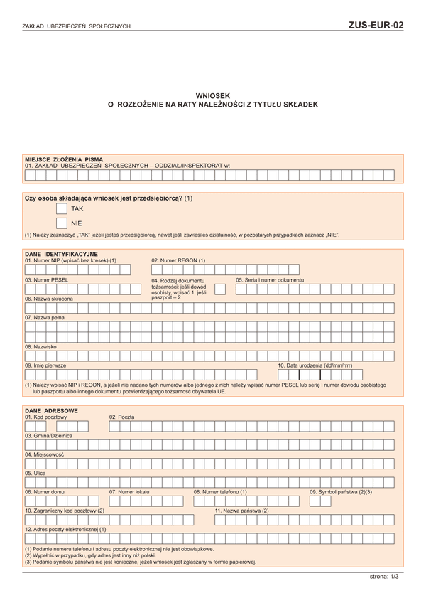 ZUS-EUR-02 (archiwalny) Wniosek o rozłożenie na raty należności z tytułu składek