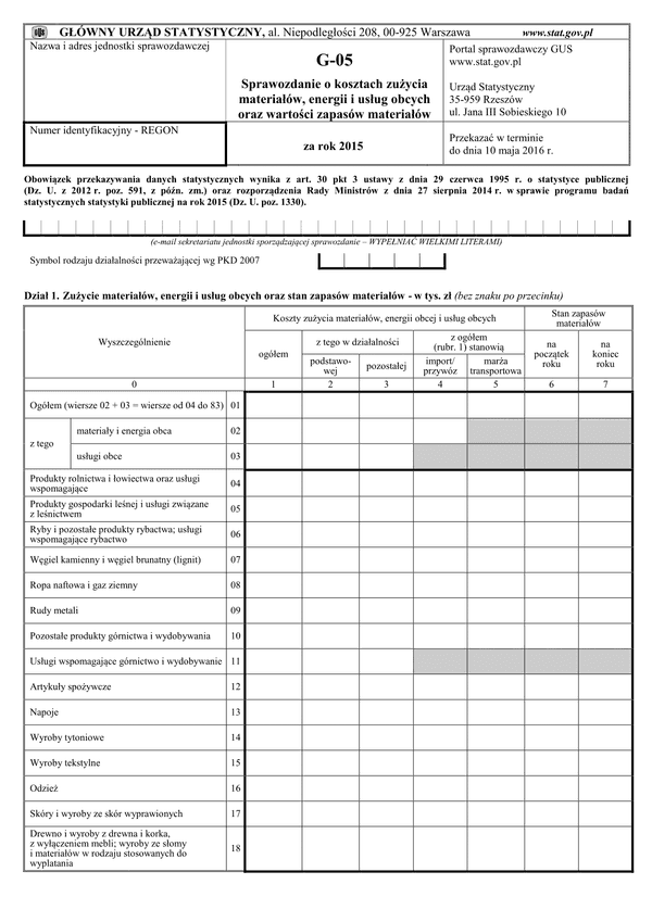 GUS G-05 (archiwalny) Sprawozdanie o kosztach zużycia materiałów, energii i usług obcych oraz wartości zapasów materiałów za rok 2015