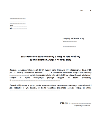 ZawoUoP Zawiadomienie o zawarciu umowy o pracę na czas określony  z pominięciem art. 25(1) § 1 Kodeksu pracy