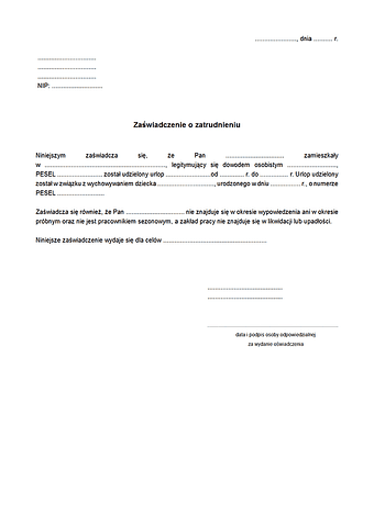 ZaśoZU Zaświadczenie o zatrudnieniu (urlop)