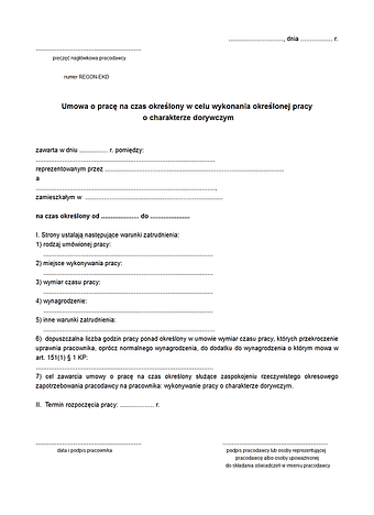 UoPCW Umowa o pracę na czas wykonania określonej pracy