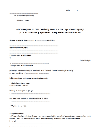 UOPPZS Umowa o pracę na czas wykonywania określonej pracy – pełnienia funkcji Prezesa Zarządu Spółki