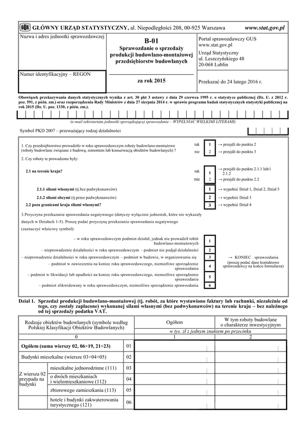 GUS B-01 (2015) (archiwalny) Sprawozdanie o sprzedaży produkcji budowlano-montażowej przedsiębiorstw budowlanych za rok 2015