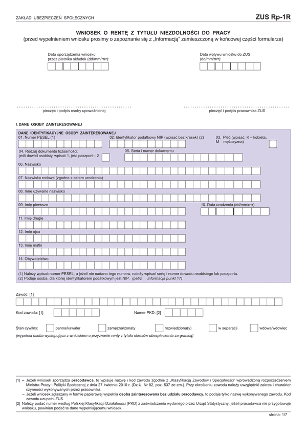 ZUS RP-1R (archiwalny) Wniosek o rentę z tytułu niezdolności do pracy