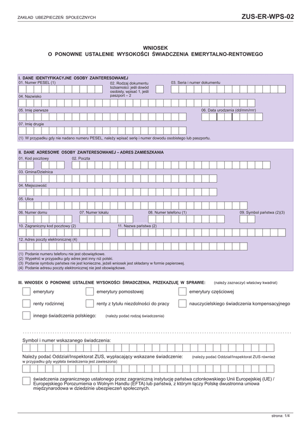 ZUS-ER-WPS-02 (archiwalny) Wniosek o ponowne ustalenie wysokości świadczenia emerytalno-rentowego