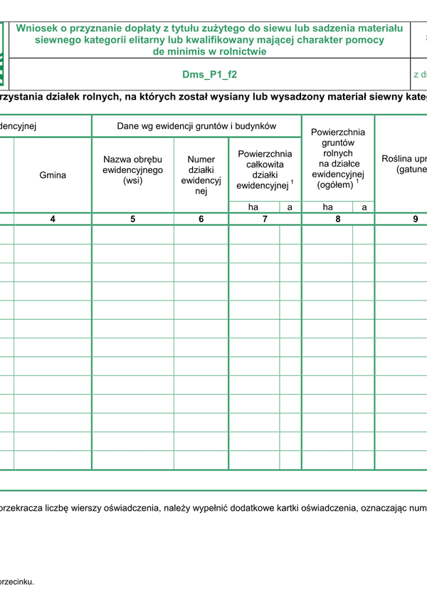 Dms_P1_f2 - str 4 (archiwalny) Oświadczenie o sposobie wykorzystania działek rolnych, na których został wysiany lub wysadzony materiał siewny kategorii elitarny lub kwalifikowany