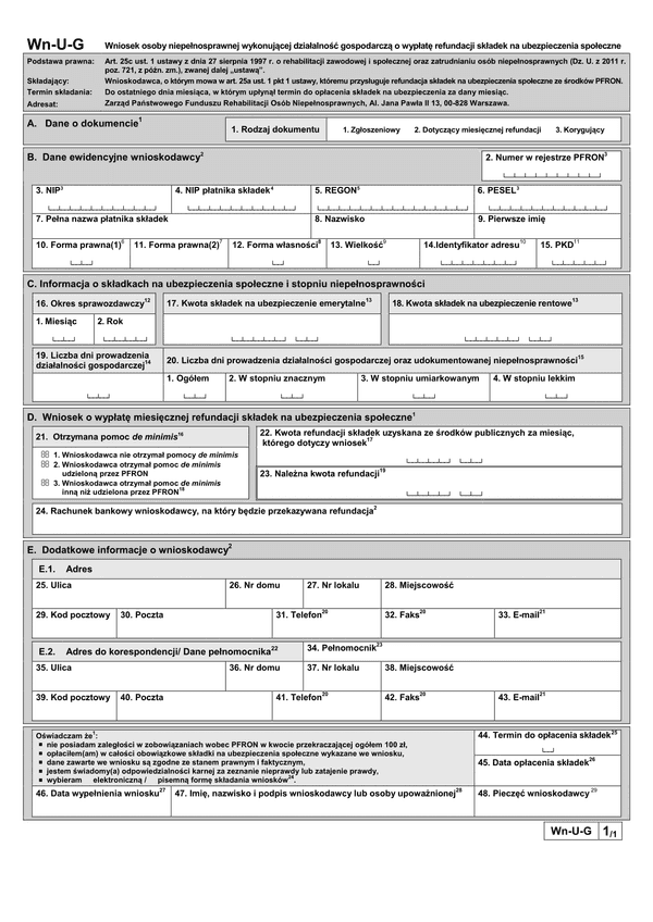 PFRON Wn-U-G (archiwalny) Wniosek osoby niepełnosprawnej wykonującej działalność gospodarczą o wypłatę refundacji składek na ubezpieczenia społeczne
