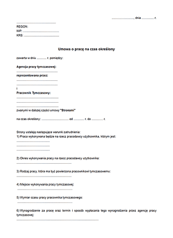 UPCO Umowa o pracę na czas określony (Agencja pracy tymczasowej)