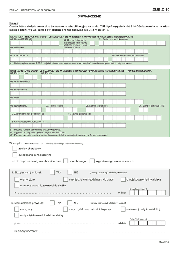 ZUS Z-10 (archiwalny) Oświadczenie (od VI 2016)