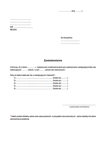 ZawKR Zgłoszenie kasy rejestrującej do naczelnika urzędu skarbowego (zawiadomienie pre-instalacyjne)