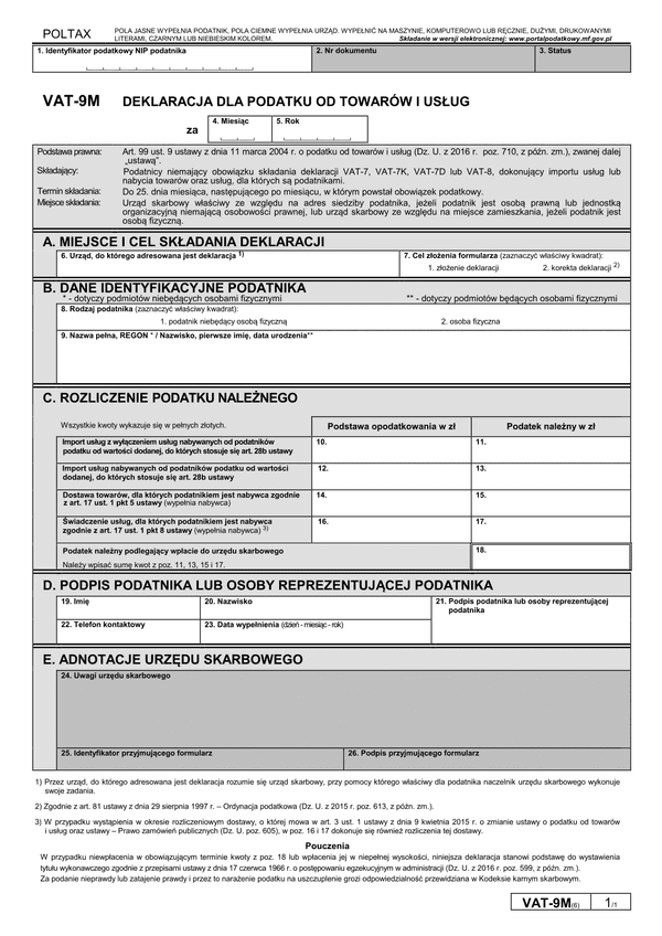 VAT-9M (6) (archiwalny) Deklaracja dla podatku od towarów i usług