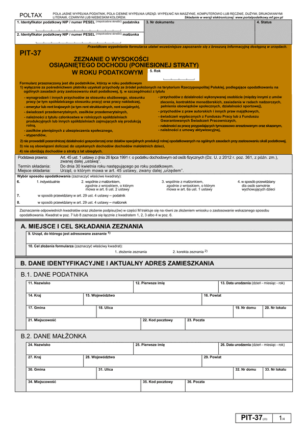PIT-37 (23) (archiwalny) (2016) Zeznanie o wysokości osiągniętego dochodu (lub poniesionej straty)