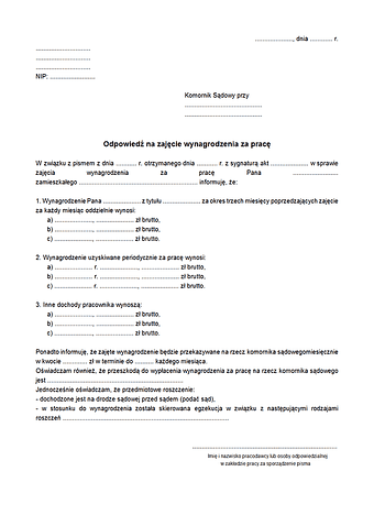 OZWP Odpowiedź na zajęcie wynagrodzenia za pracę