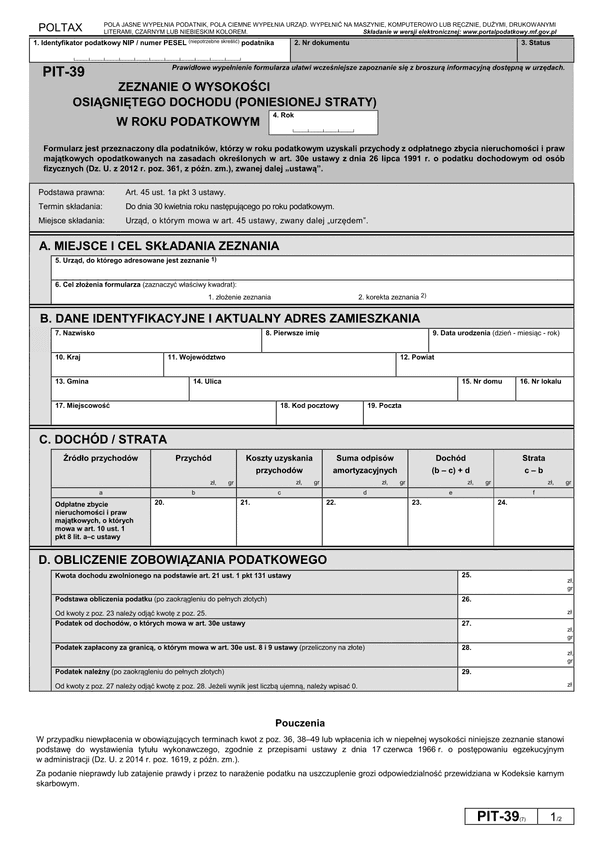 PIT-39 (7) (archiwalny) (2016) Zeznanie o wysokości osiągniętego dochodu (poniesionej straty)