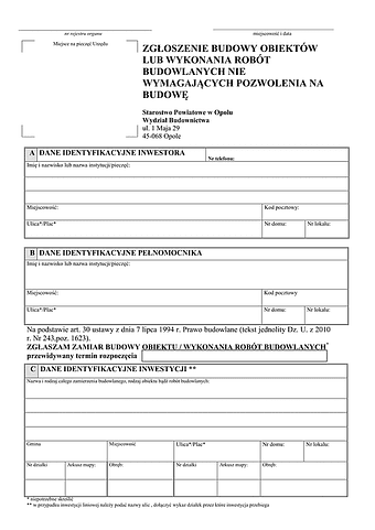 ZRB-Op Zgłoszenie budowy (robót budowlanych) nie wymagających Decyzji - Pozwolenia na budowę Opole