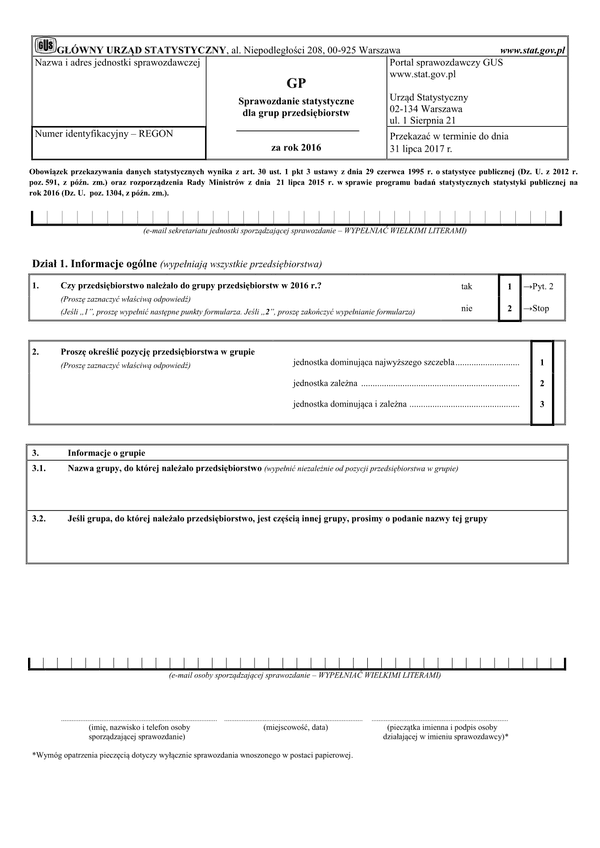 GUS GP (2016) (archiwalny) Sprawozdanie statystyczne dla grup przedsiębiorstw za rok 2016