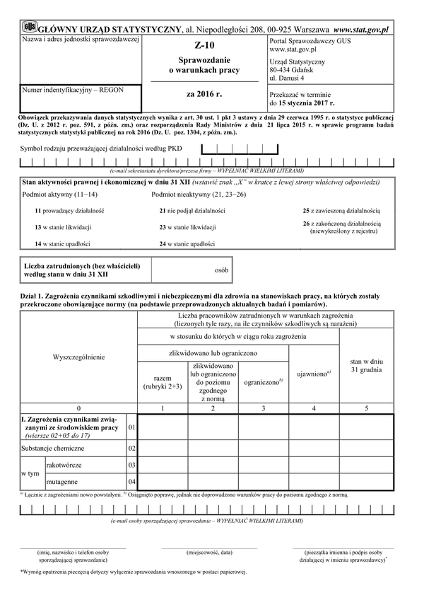 GUS Z-10 (2016) (archiwalny) Sprawozdanie o warunkach pracy za 2016 rok