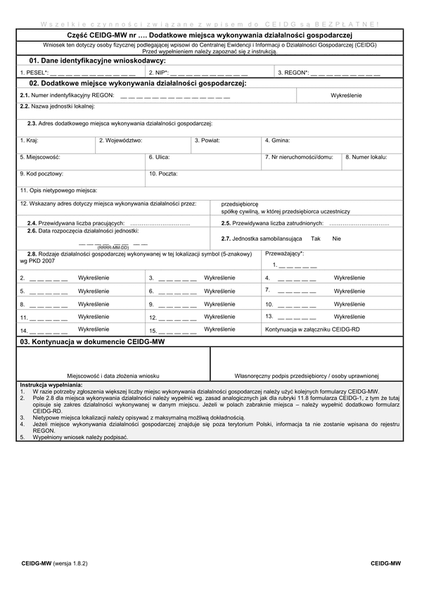 CEIDG-MW (1.8.2) (archiwalny) Dodatkowe miejsca wykonywania działalności gospodarczej