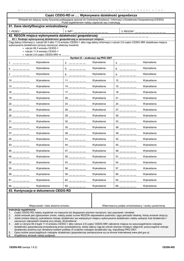CEIDG-RD (1.8.2) (archiwalny) Wykonywana działalność gospodarcza
