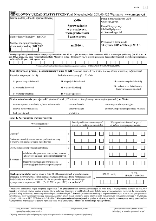 GUS Z-06 (2016) (archiwalny) Sprawozdanie o pracujących, wynagrodzeniach i czasie pracy za 2016 rok