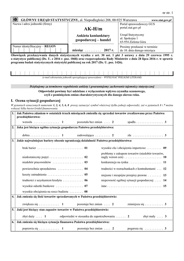 GUS AK-H/m (archiwalny) (2017) Ankieta koniunktury gospodarczej - handel