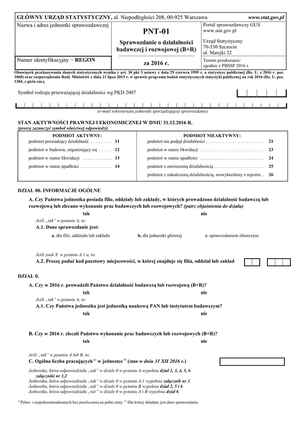 GUS PNT-01 (archiwalny) (2016) Sprawozdanie o działalności badawczej i rozwojowej za 2016 r.