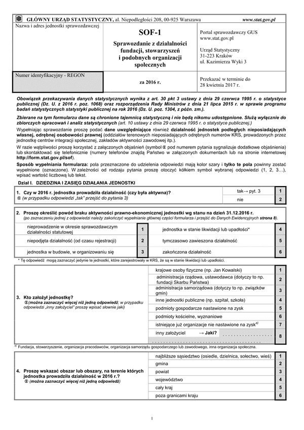 GUS SOF-1 (archiwalny) (2016) Sprawozdanie z działalności fundacji, stowarzyszeń i podobnych organizacji społecznych za rok 2016