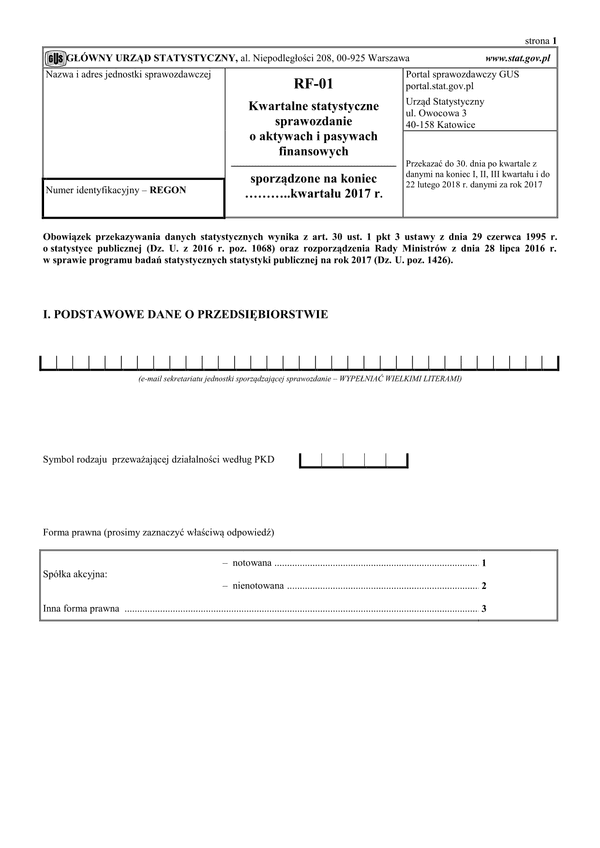 GUS RF-01 (2017) (archiwalny) Kwartalne statystyczne sprawozdanie o aktywach i pasywach finansowych