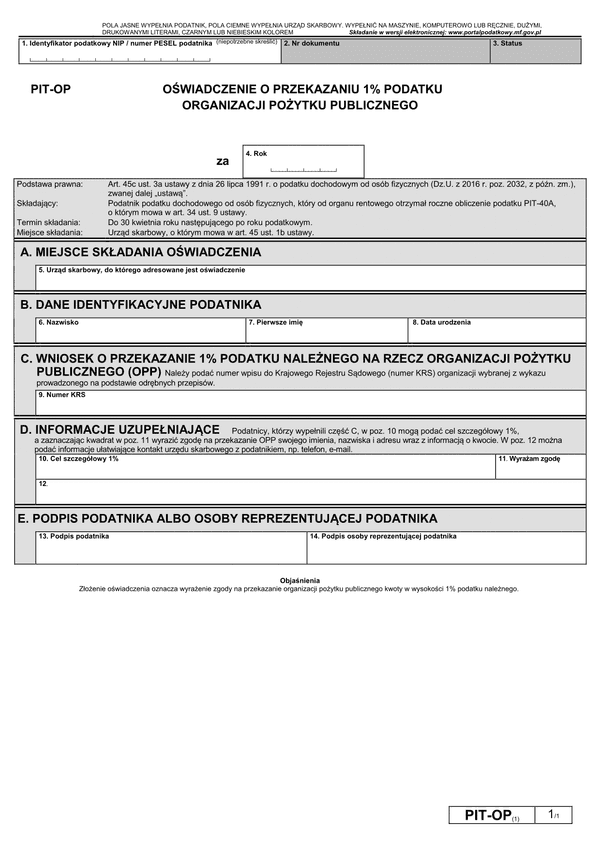 PIT-OP (archiwalny) (2016-2017) Oświadczenie o przekazaniu 1% podatku Organizacji Pożytku Publicznego (PIT-40A)