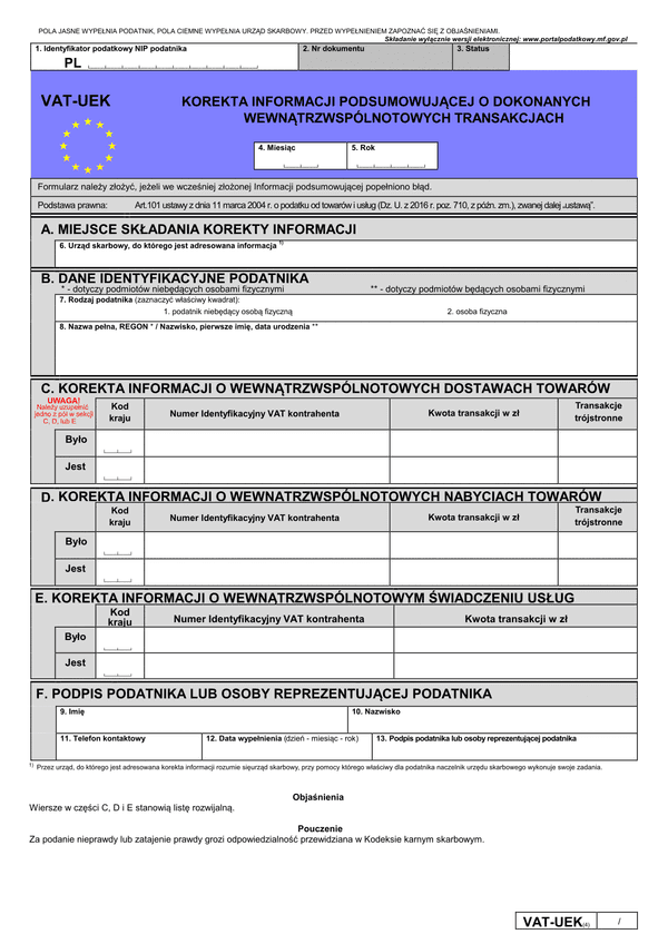 VAT-UEK (4) (archiwalny) Korekta informacji podsumowującej o dokonanych wewnątrzwspólnotowych transakcjach