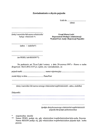 ZZP-Ł Zawiadomienie o zbyciu/nabyciu pojazdu Łódź