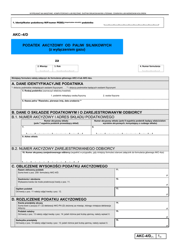 AKC-4/D (7) (archiwalny) Podatek akcyzowy od paliw silnikowych (z wyłączeniem gazu)