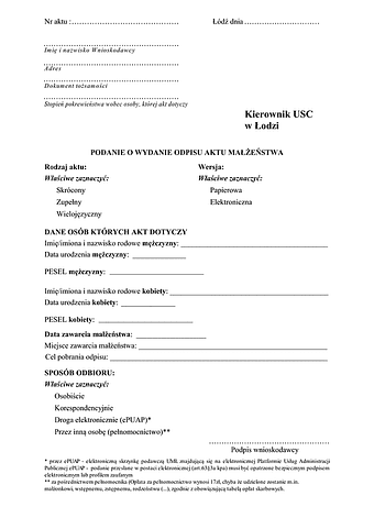 WoWAM-Ł Podanie o wydanie odpisu aktu małżeństwa skrócony/zupełny/wielojęzyczny Łódź