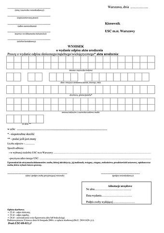 WoAU-Wa Wniosek o wydanie odpisu skróconego/pełnego aktu urodzenia - Warszawa