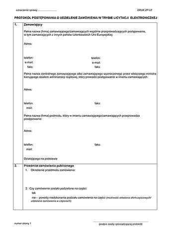 ZP-LE Protokół postępowania o udzielenie zamówienia w trybie licytacji elektronicznej