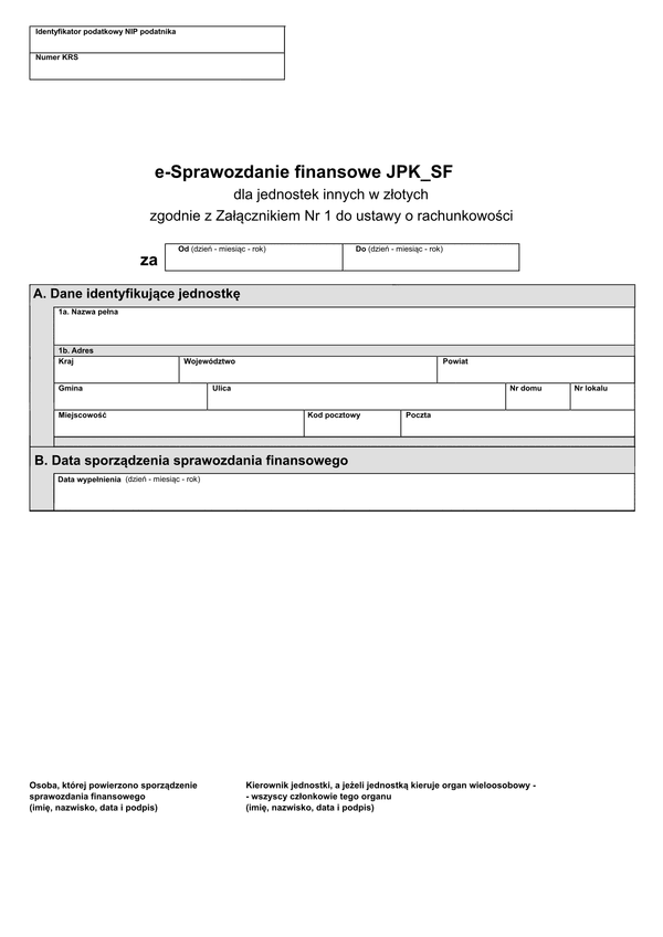 e-Sprawozdanie finansowe JPK_SF (v.1-2) (v.1-3) dla jednostek innych w złotych zgodnie z załącznikiem nr 1 do ustawy o rachunkowości - z wysyłką pliku xml JPK_SF