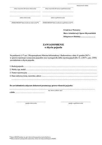 ZZP-Wa Zawiadomienie o zbyciu pojazdu Warszawa