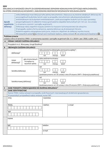DZW Deklaracja o wysokości opłaty za gospodarowanie odpadami komunalnymi dla nieruchomości, na której zamieszkują mieszkańcy, zabudowanej budynkiem mieszkalnym wielolokalowym (Warszawa)
