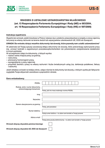 ZUS US-5 Wniosek o ustalenie ustawodawstwa właściwego - z wysyłką do PUE ZUS