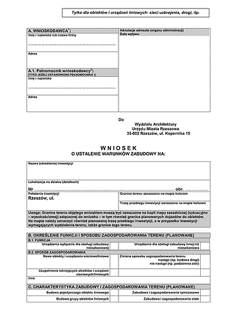 WUWZ-Rz (WS) Wniosek o ustalenie warunków zabudowy (Tylko dla obiektów i urządzeń liniowych:sieci uzbrojenia, drogi) Rzeszów