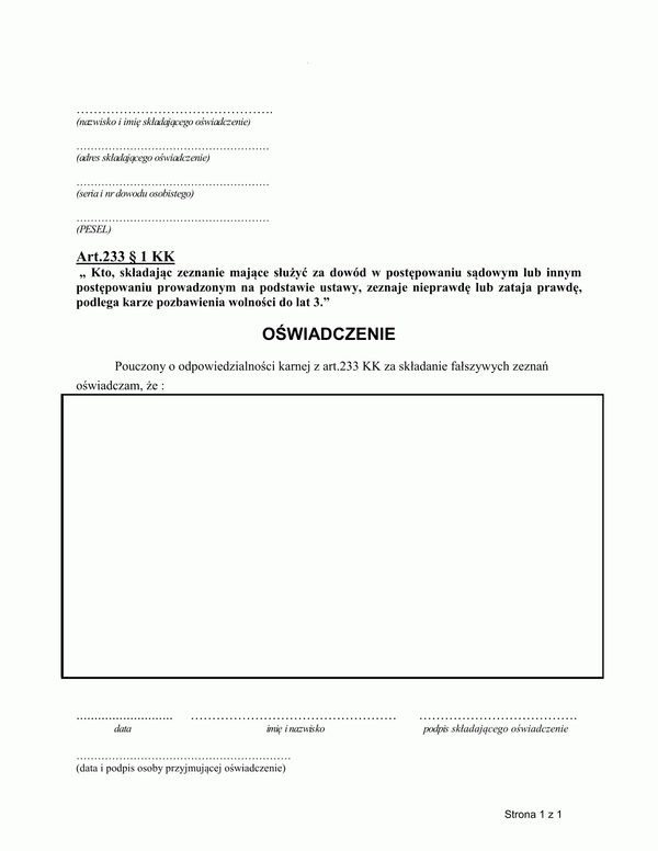 OOK Oświadczenie o odpowiedzialności karnej z art. 233 KK