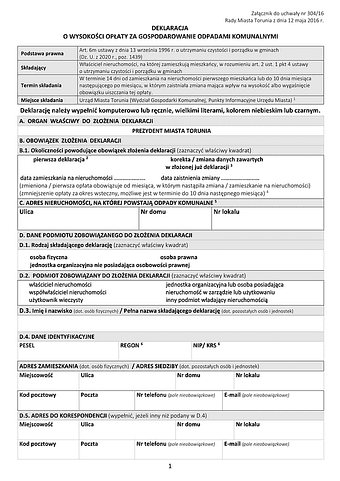 DWOOK-T Deklaracja o wysokości opłaty za gospodarowanie odpadami komunalnymi - Toruń