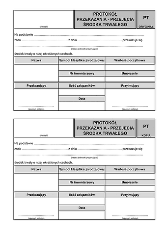 PT Protokół przekazania - przejęcia środka trwałego