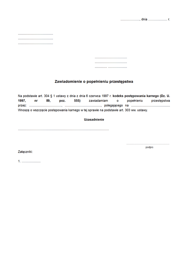 ZoPP Zawiadomienie o popełnieniu przestępstwa