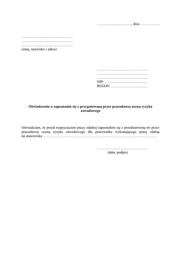 OoZzORZ Oświadczenie o zapoznaniu się z przygotowaną przez pracodawcę oceną ryzyka zawodowego