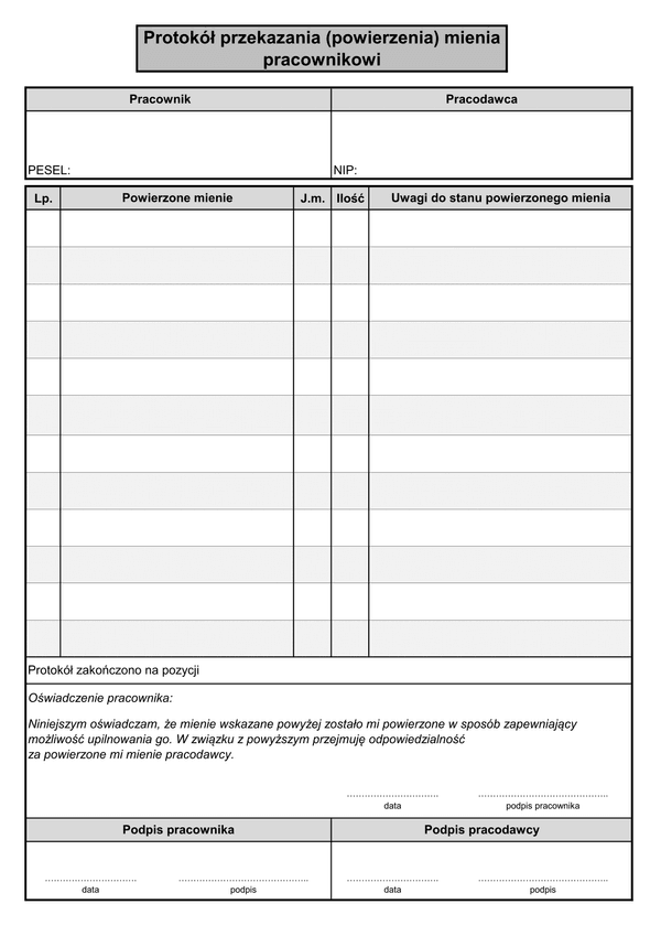 UoPOPM-zal Protokół przekazania (powierzenia) mienia pracownikowi