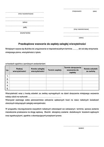PWZZW Przedsądowe wezwanie do zapłaty zaległej wierzytelności